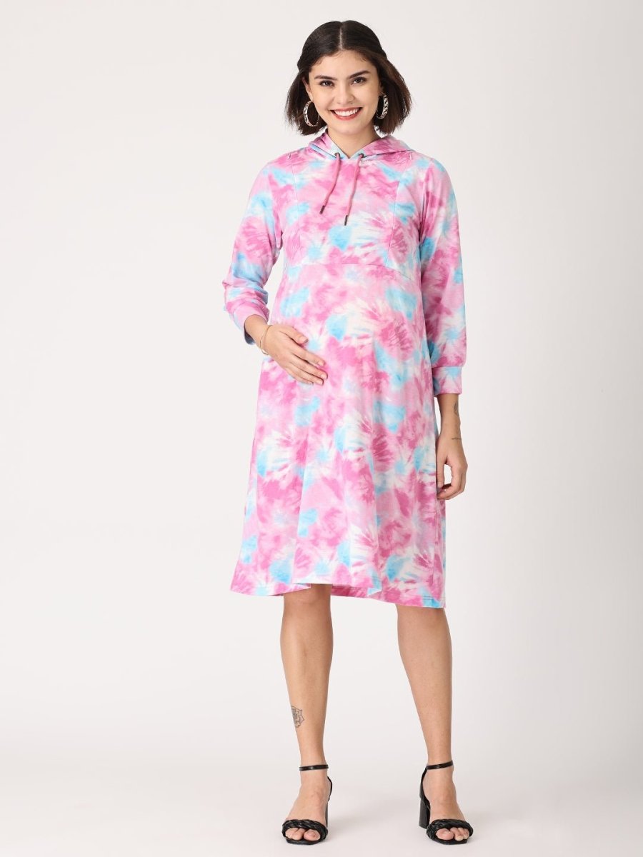  Tie & Dye Maternity and Nursing Hoodie Dress Multi