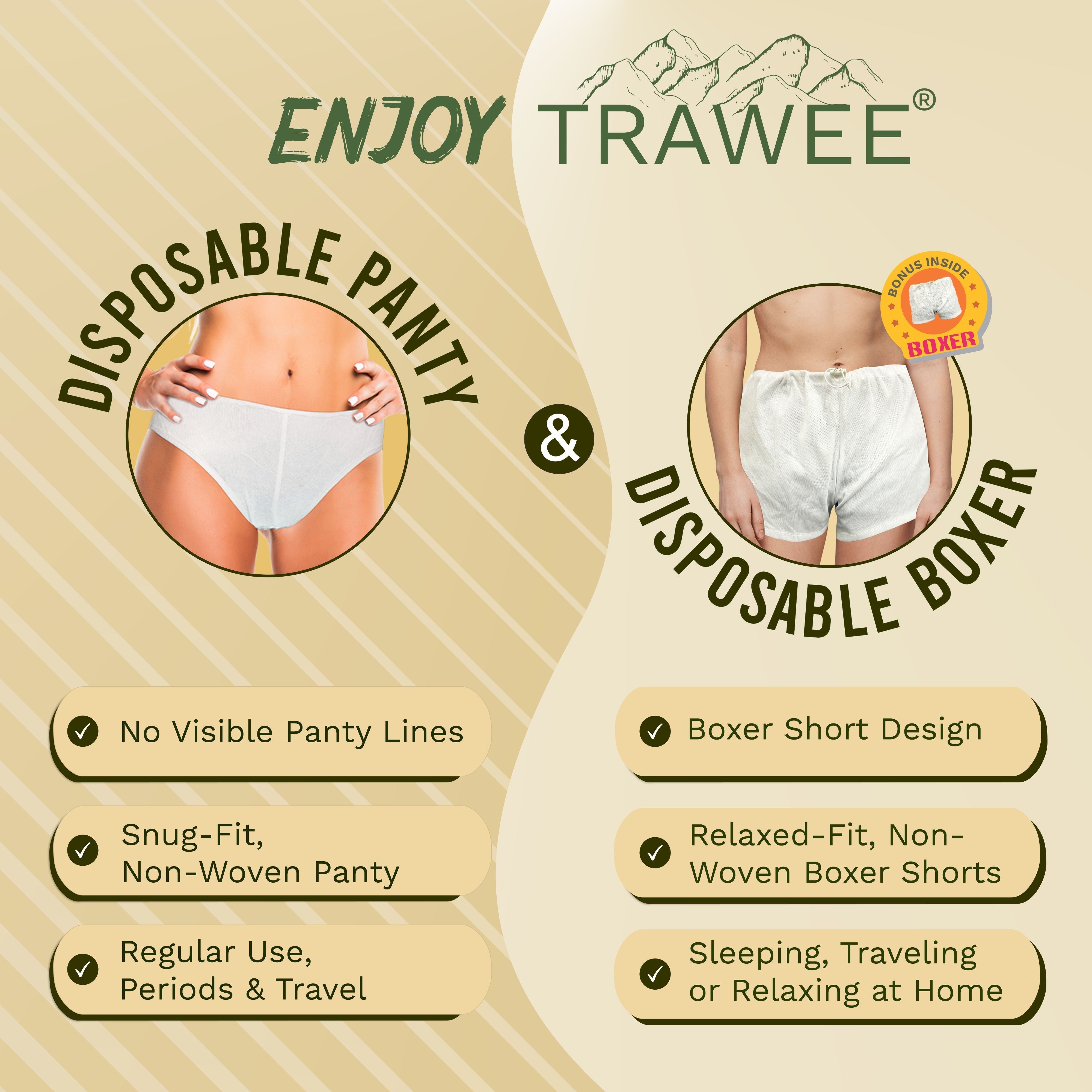 White Square Trawee Disposable Women Panty with Free Boxer Regular 6-Pack