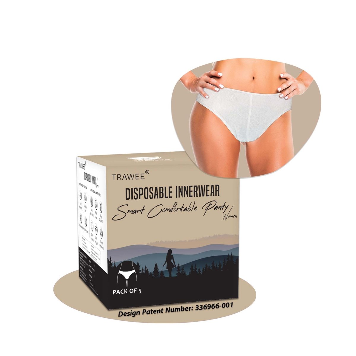 White Square Trawee Travel Disposable Panty Pack of 5 White