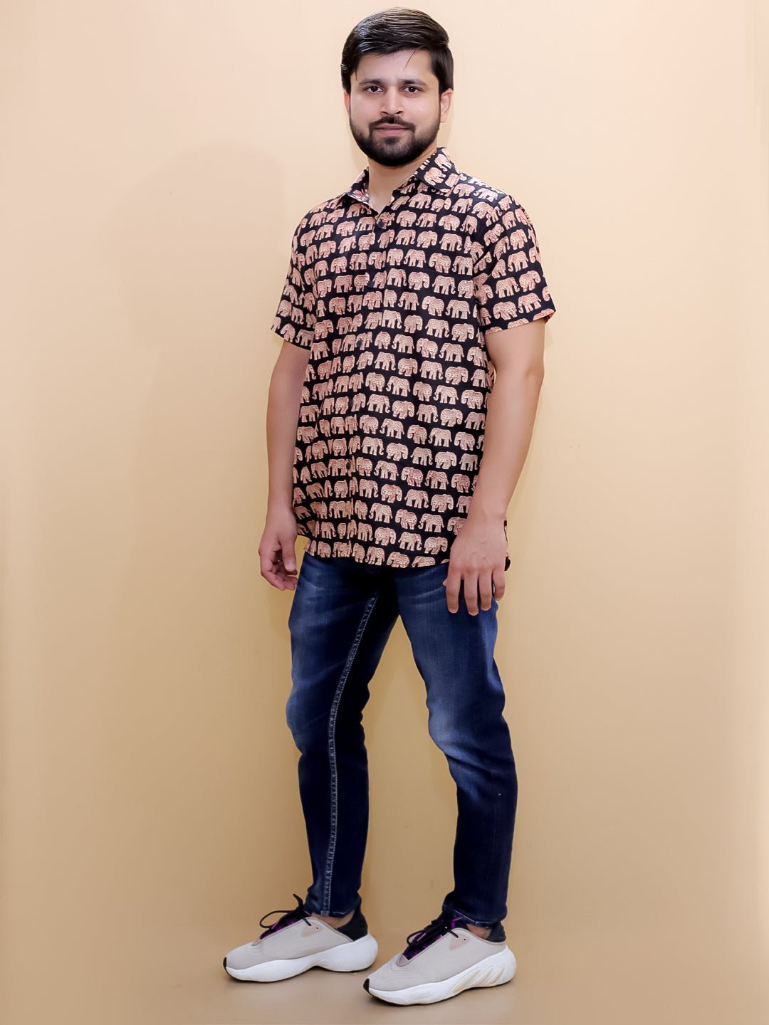 Black Elephant Print Men's And Boy's Shirts Twinning Combo Of 2