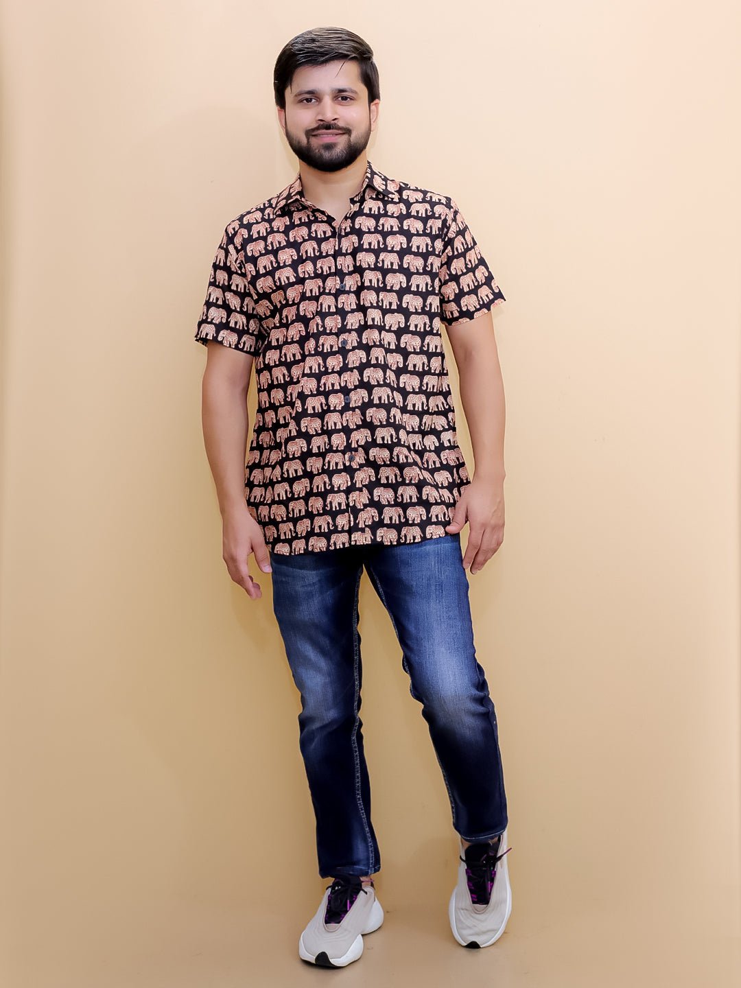 Black Elephant Print Men's And Boy's Shirts Twinning Combo Of 2