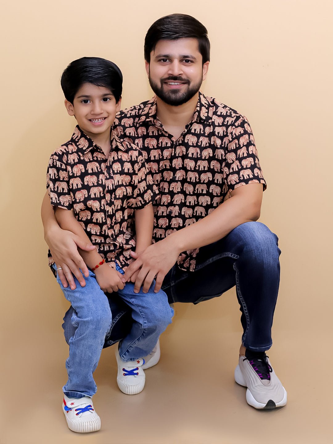 Black Elephant Print Men's And Boy's Shirts Twinning Combo Of 2