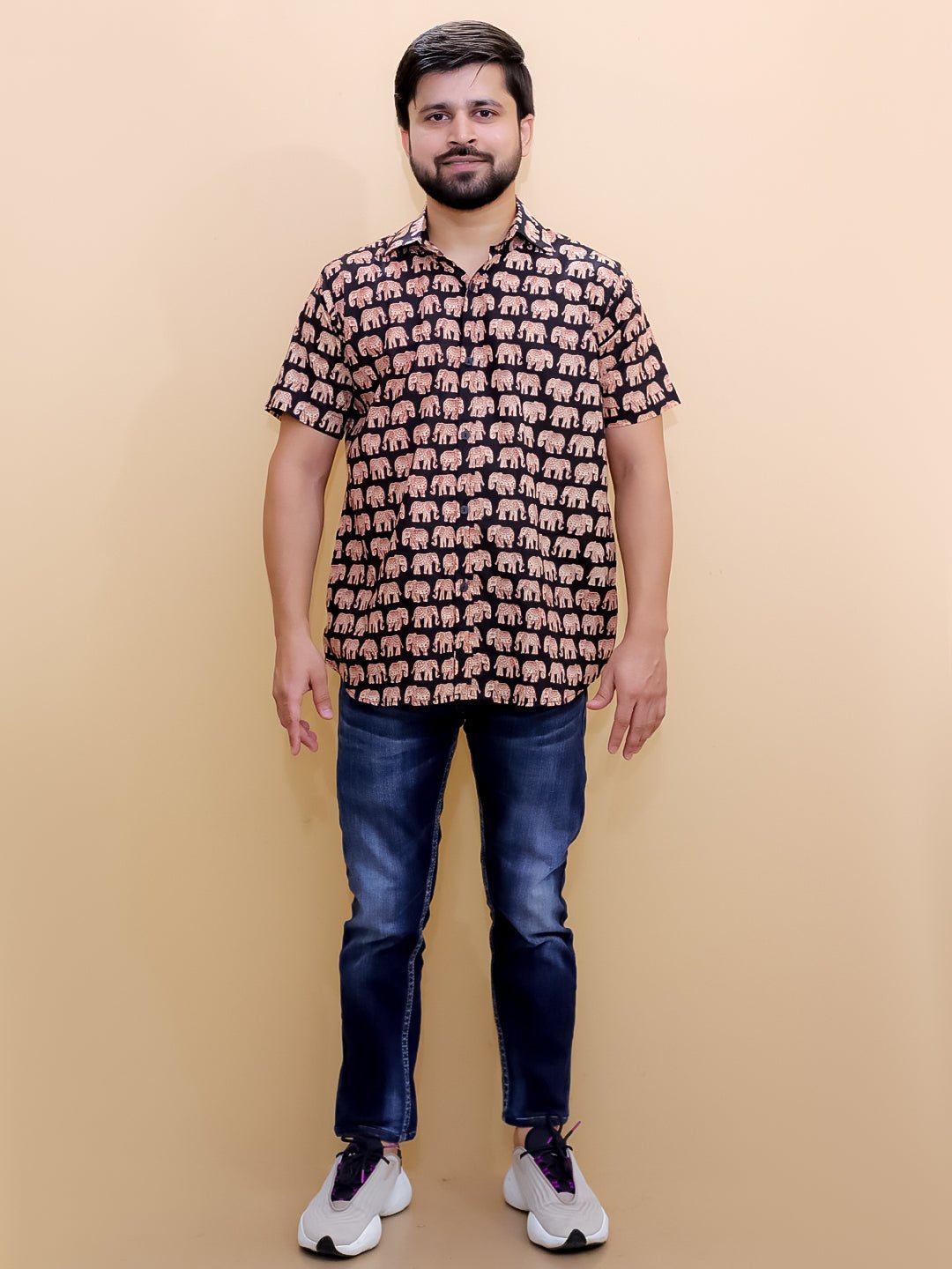 Black Elephant Print Men's And Boy's Shirts Twinning Combo Of 2