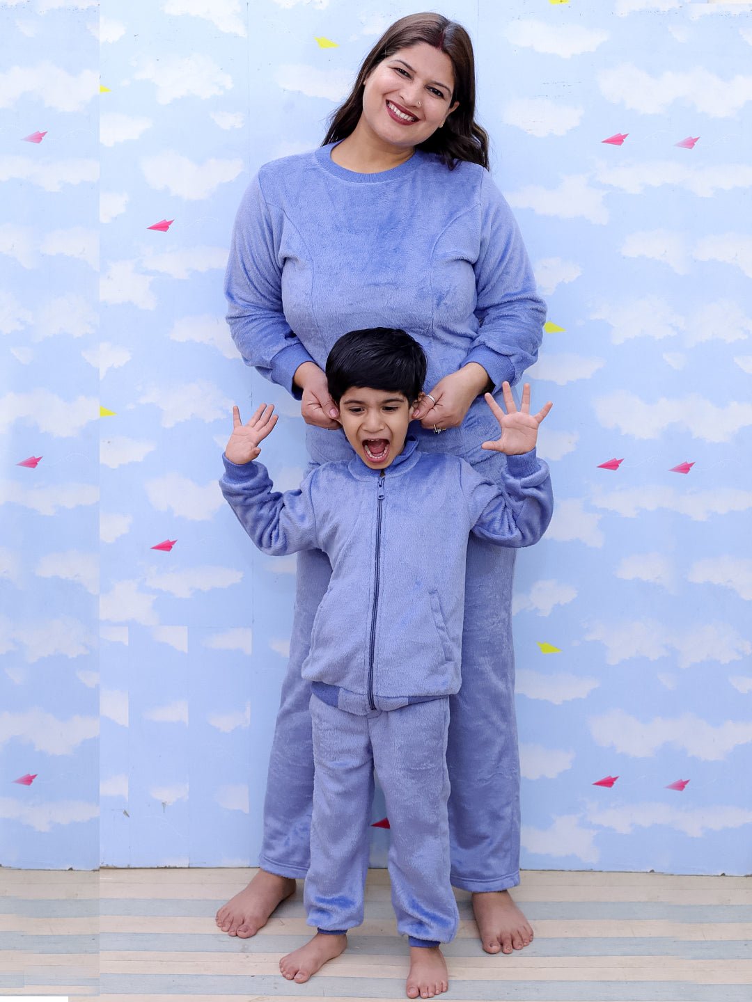 Blue Snuggles Women's And Kid's Fleece Night Suits Twinning Combo Of 2