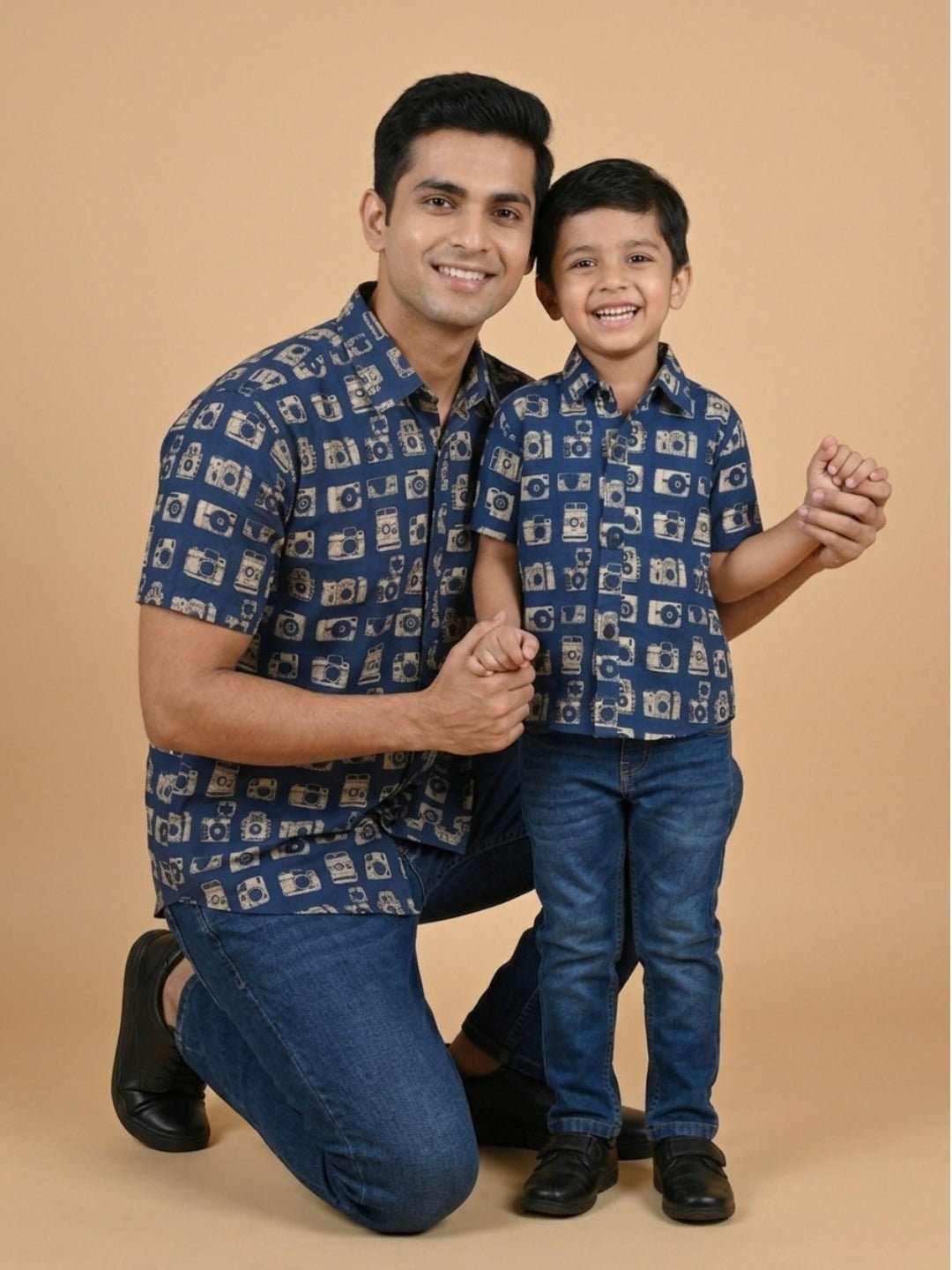 Navy Snap Squad Print Men's And Boy's Shirt Twinning Combo