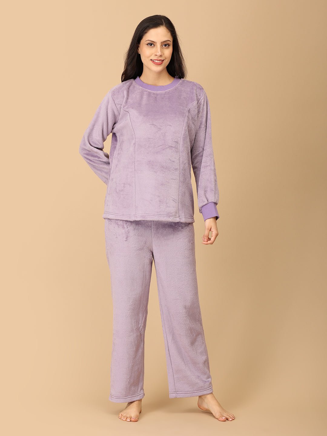 Purple Fluffies Women's And Kid's Fleece Night Suit Twinning Combo Of 2