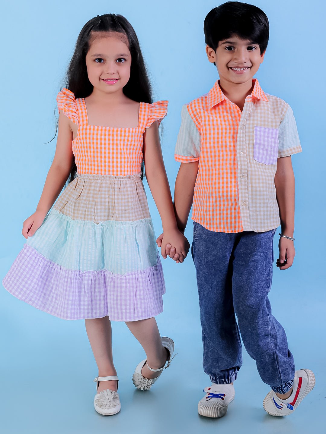 Rainbow Charm Checkered Cotton Matching Boys Shirt And Girls Dress Twinning Combo