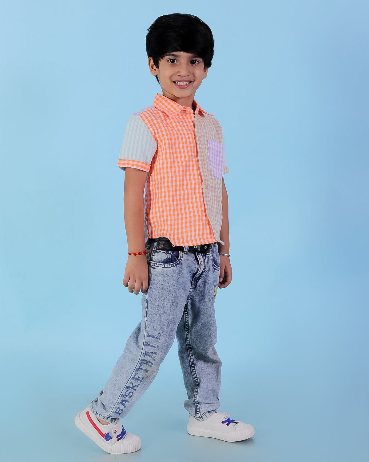 Rainbow Charm Checkered Cotton Matching Boys Shirt And Girls Dress Twinning Combo