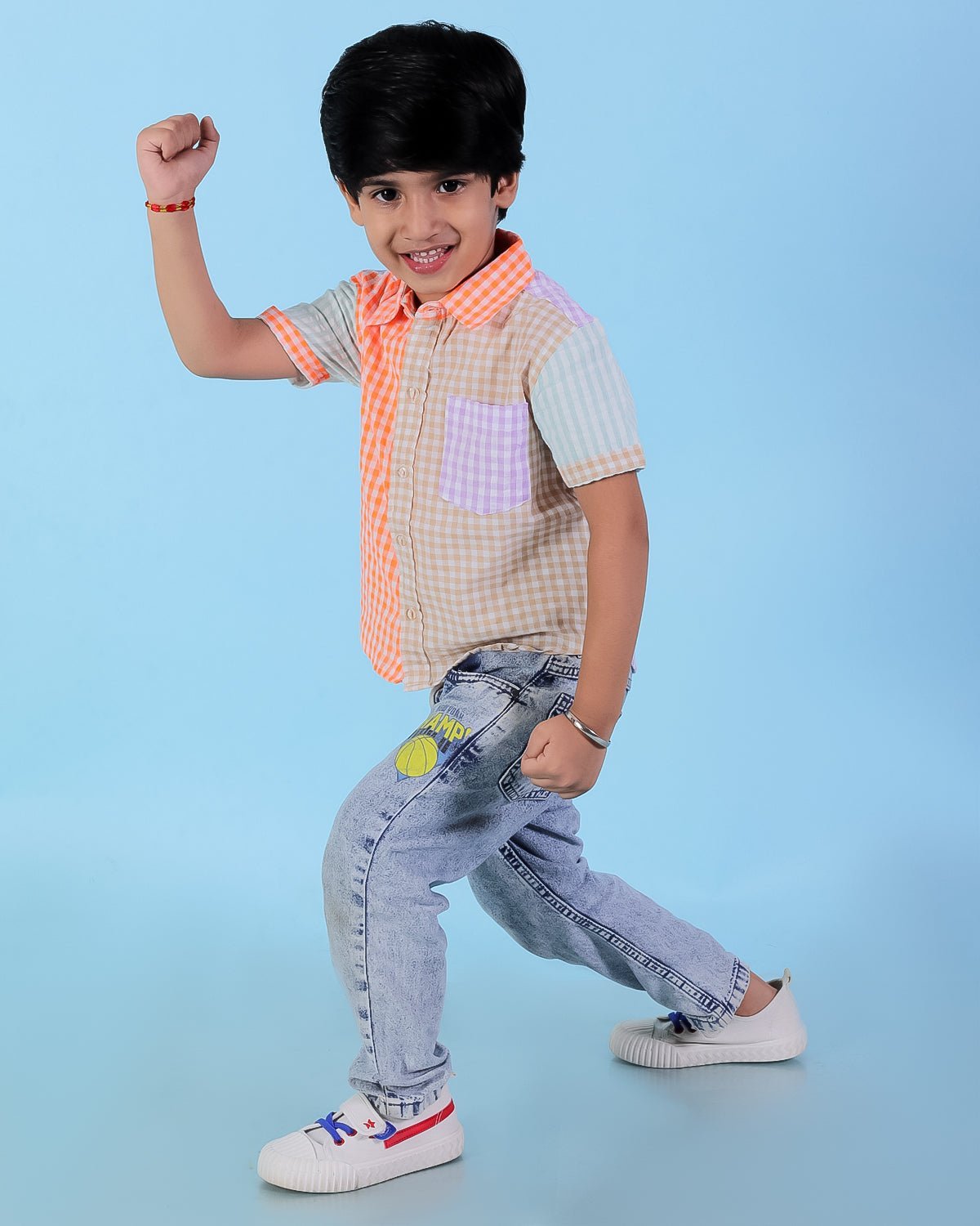 Rainbow Charm Checkered Cotton Matching Boys Shirt And Girls Dress Twinning Combo