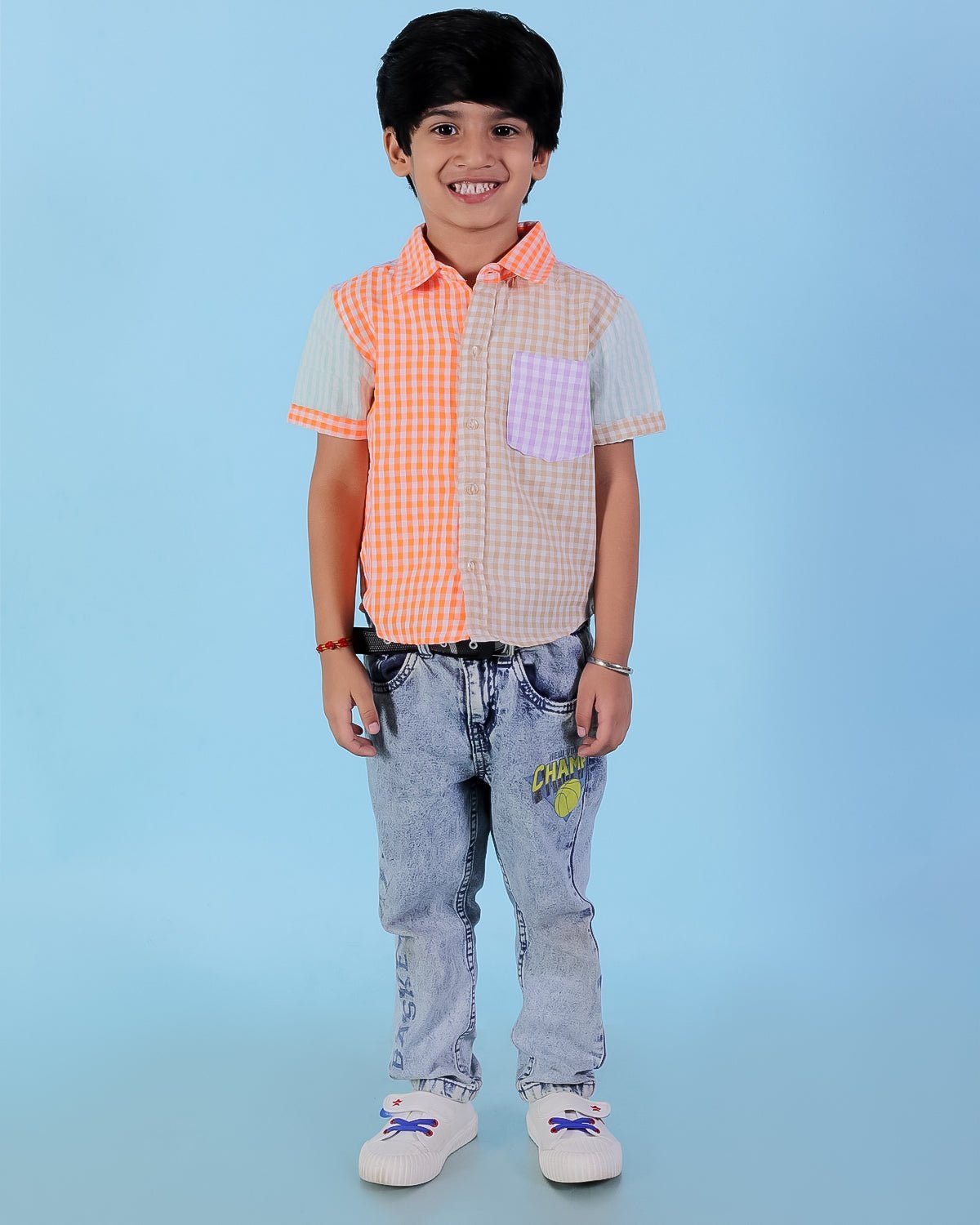 Rainbow Charm Checkered Cotton Matching Boys Shirt And Girls Dress Twinning Combo
