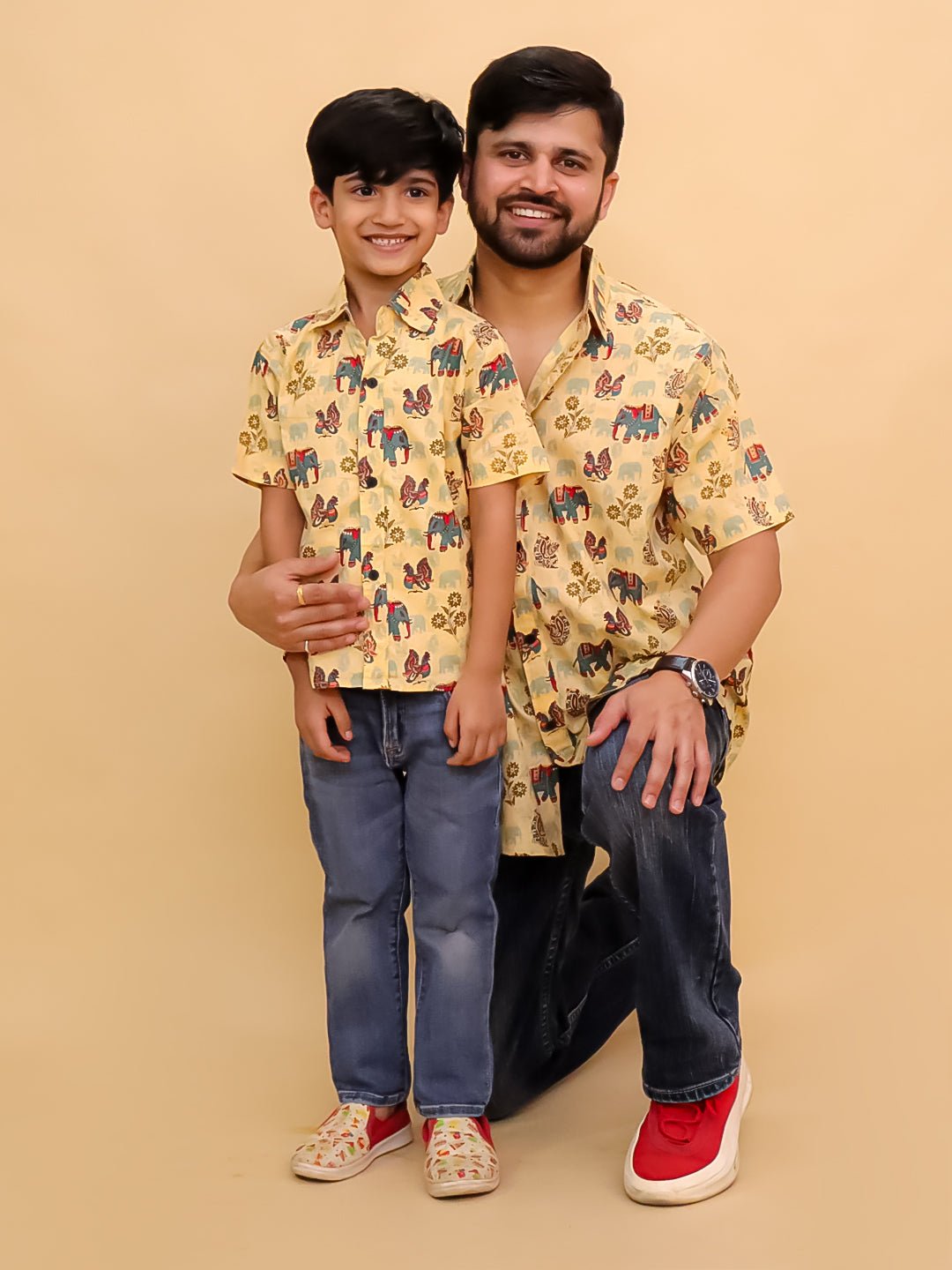 Teal-a-Trunk Elephant Print Men's And Boy's Shirt Twinning Combo