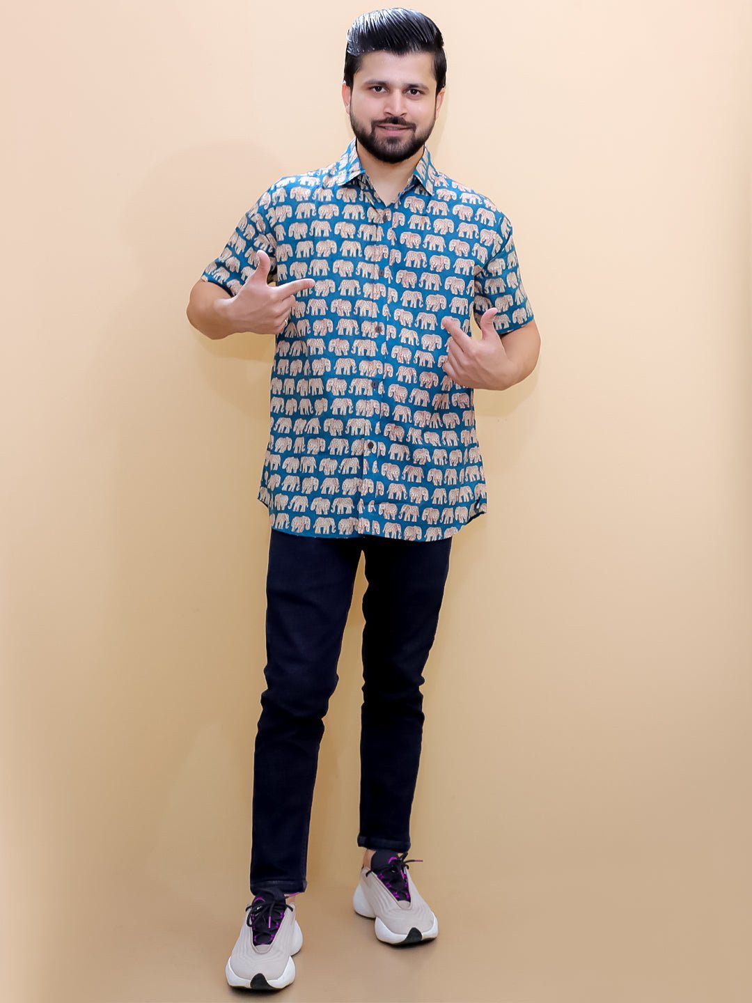 Teal Elephant Print Men's And Boy's Shirt Twinning Combo