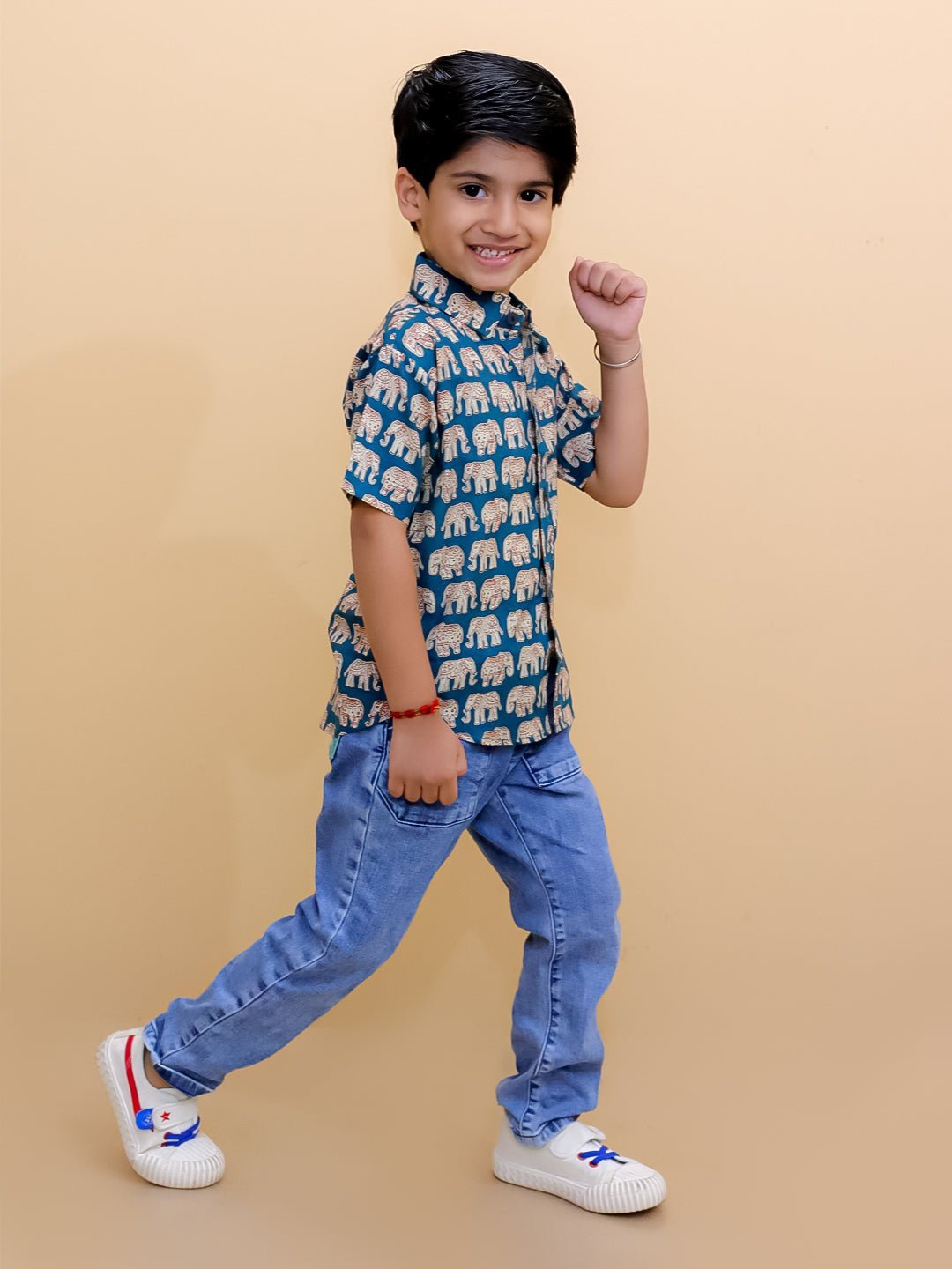 Teal Elephant Print Men's And Boy's Shirt Twinning Combo