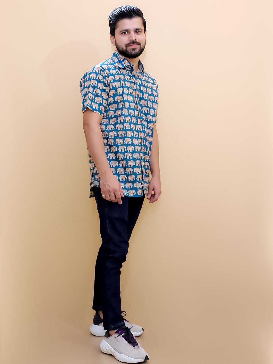 Teal Elephant Print Men's And Boy's Shirt Twinning Combo