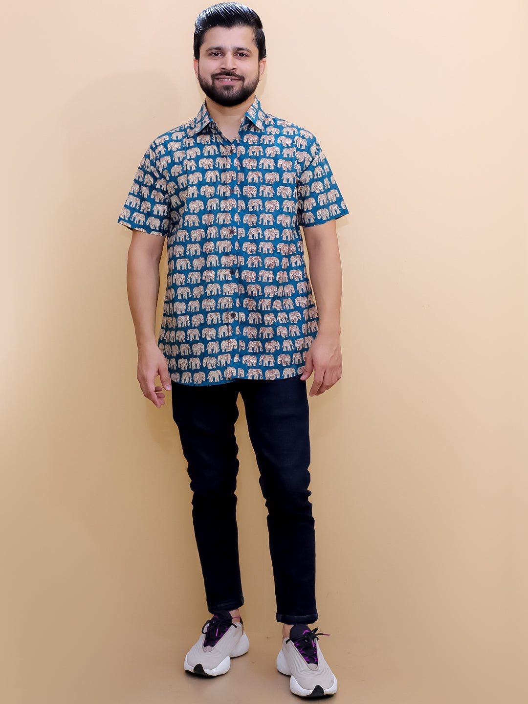 Teal Elephant Print Men's And Boy's Shirt Twinning Combo