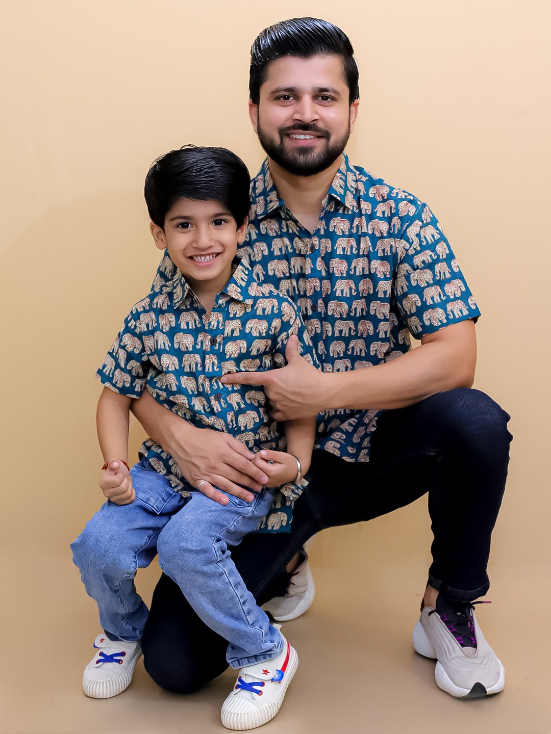 Teal Elephant Print Men's And Boy's Shirt Twinning Combo