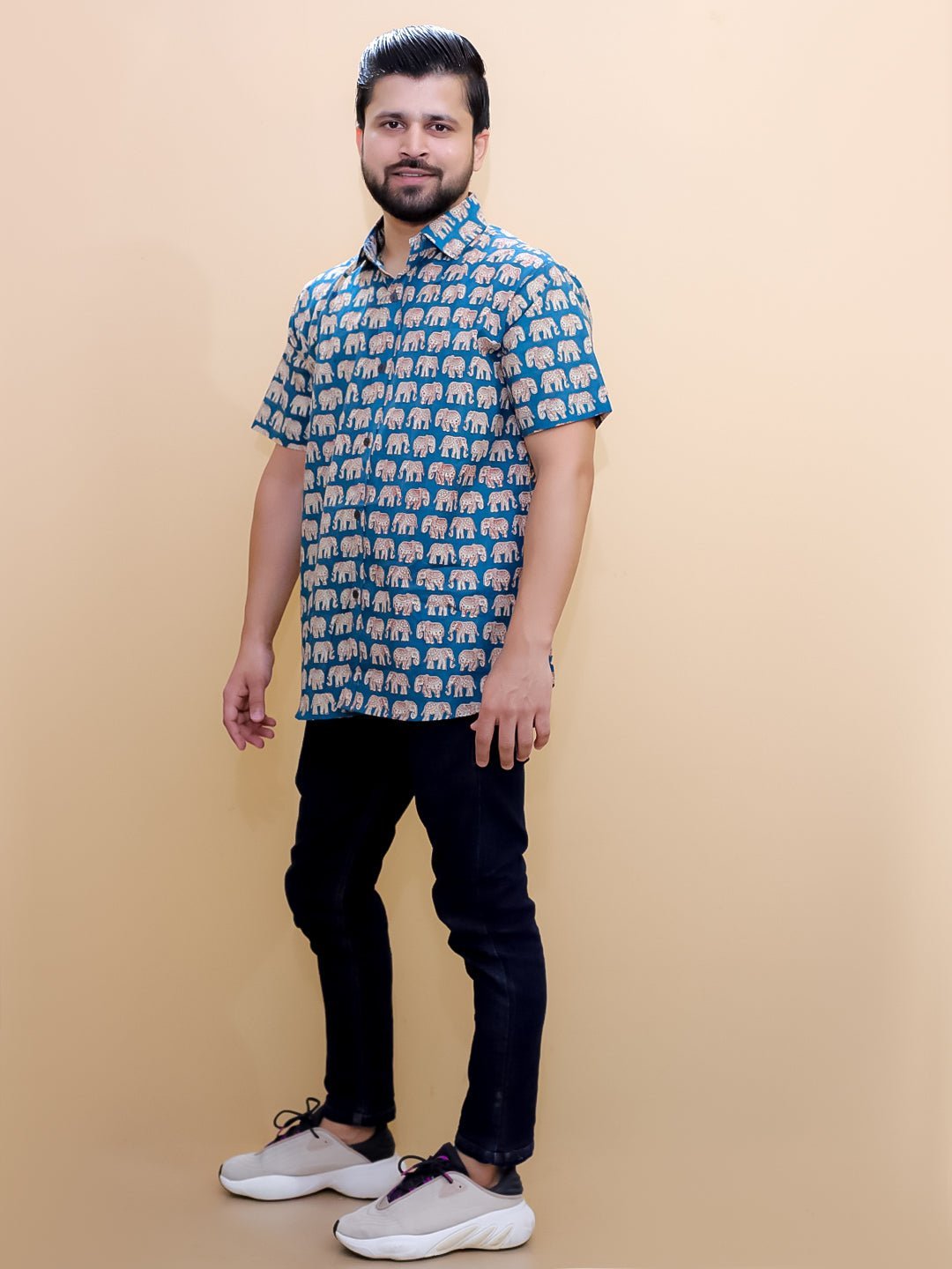 Teal Elephant Print Men's And Boy's Shirt Twinning Combo