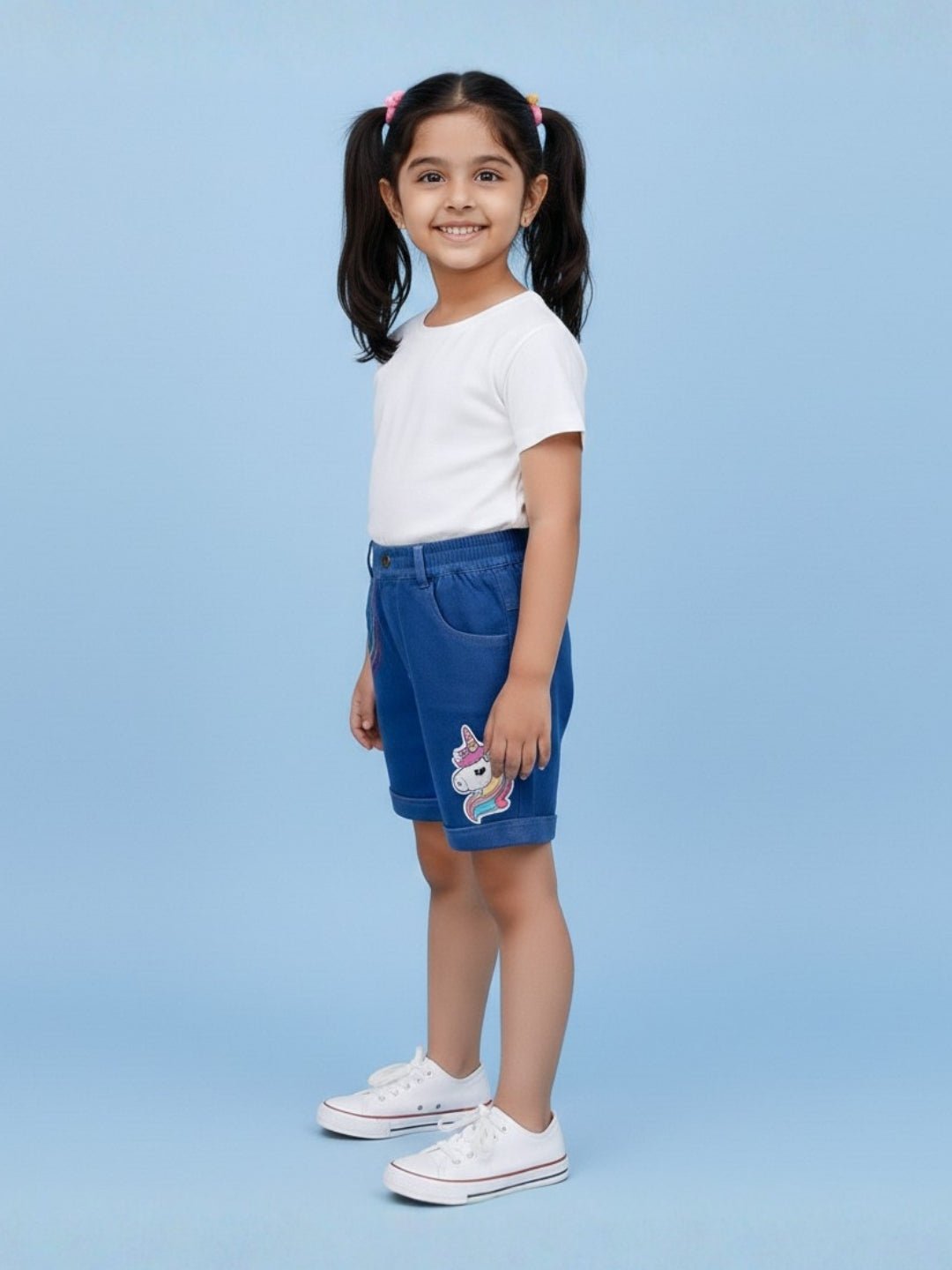 Unicorn Patch Blue Cotton Denim Embroidered Shorts For Girls
