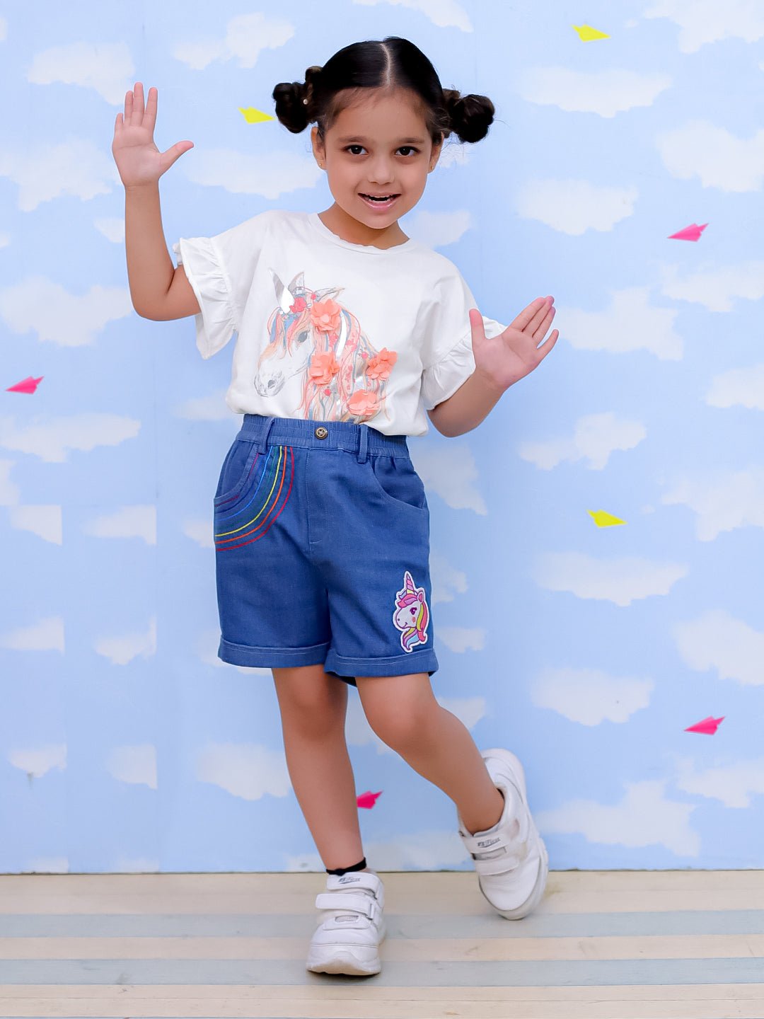 Unicorn Patch Blue Cotton Denim Embroidered Shorts For Girls