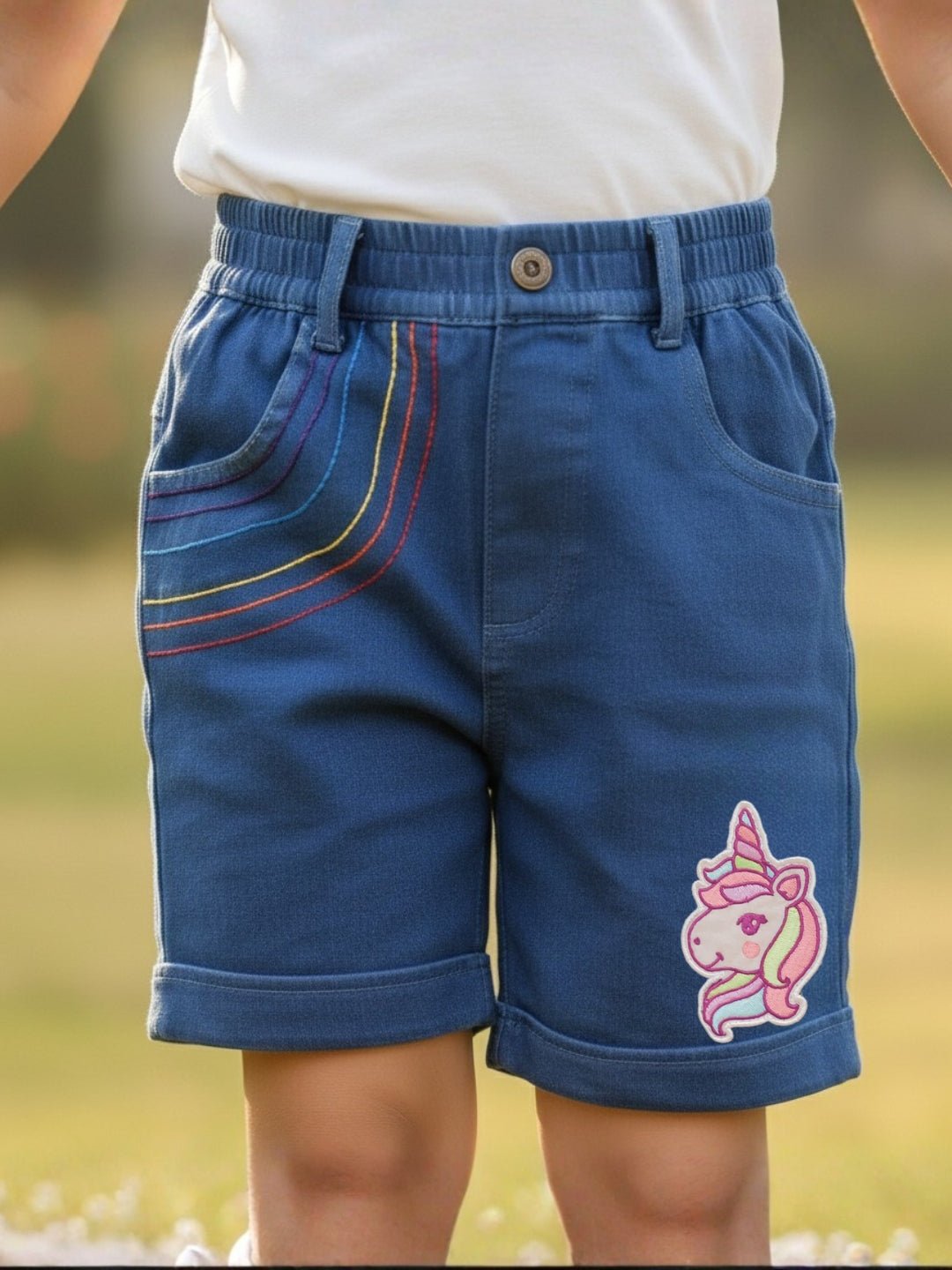 Unicorn Patch Blue Cotton Denim Embroidered Shorts For Girls
