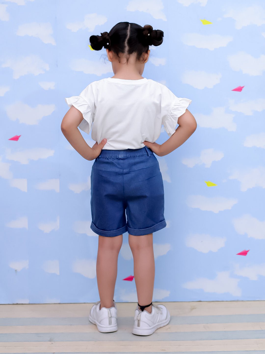 Unicorn Patch Blue Cotton Denim Embroidered Shorts For Girls