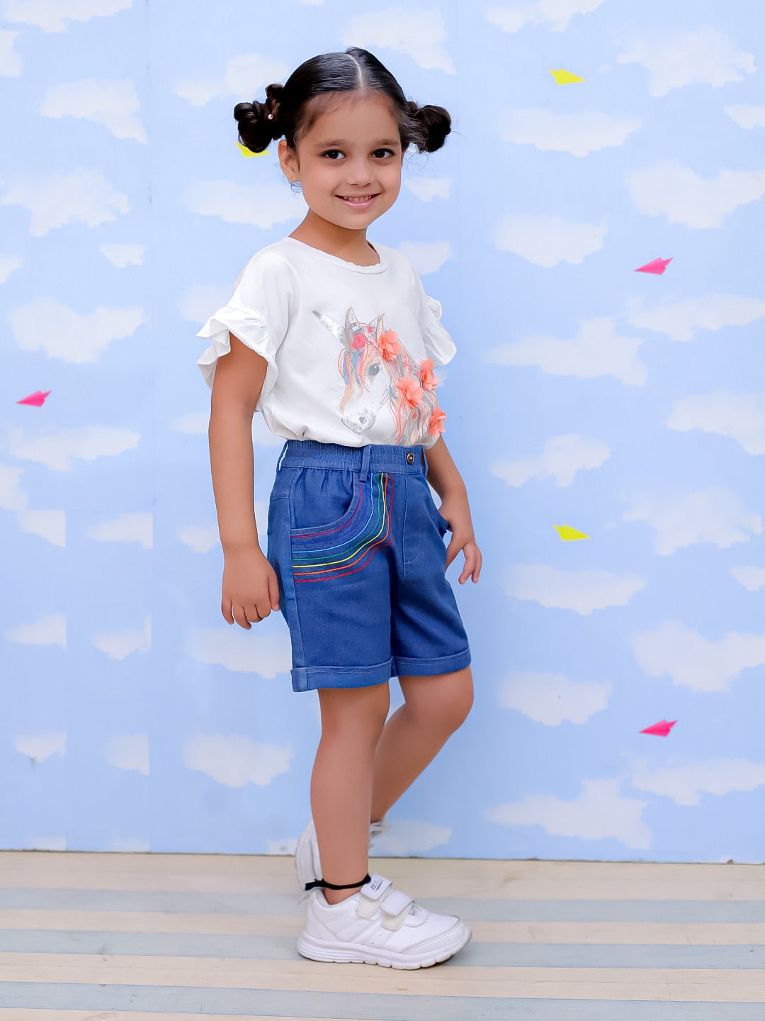 Unicorn Patch Blue Cotton Denim Embroidered Shorts For Girls