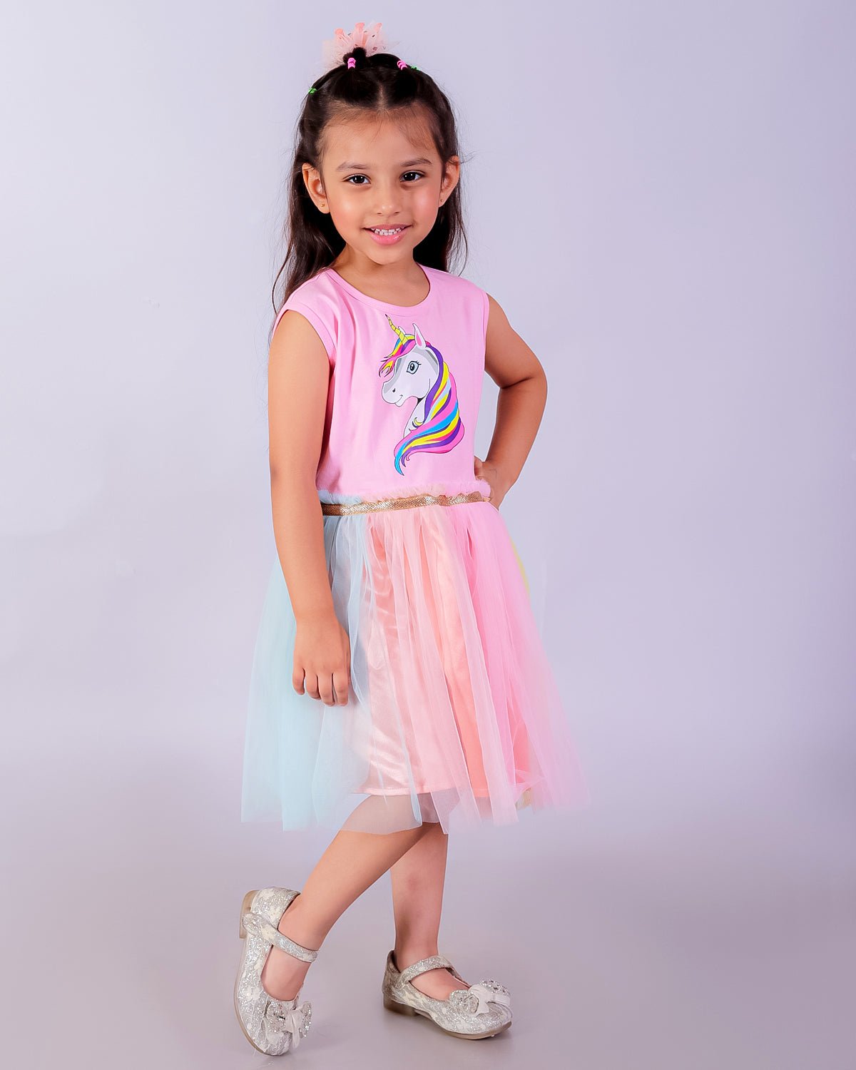 Unicorn Tulle Multi Sleeveless Casual Dress For Girls
