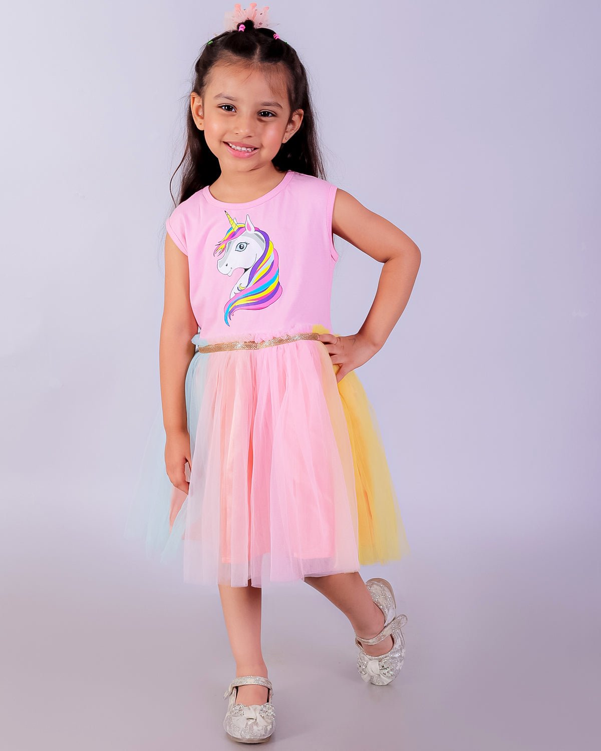 Unicorn Tulle Round Neck Sleeveless Girls Casual Dress For Kids