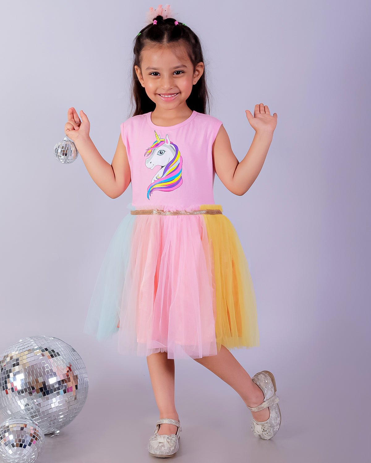 Unicorn Tulle Round Neck Sleeveless Girls Casual Dress For Kids