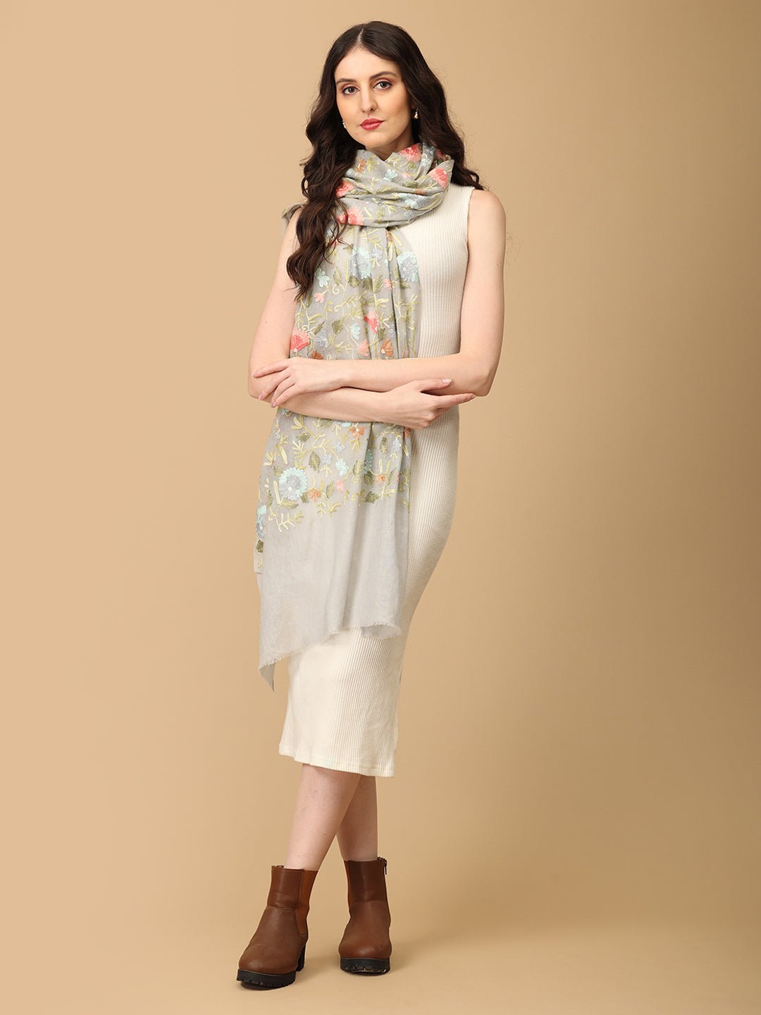  Veil of Blooms Fine Wool Embroidered Stole Grey