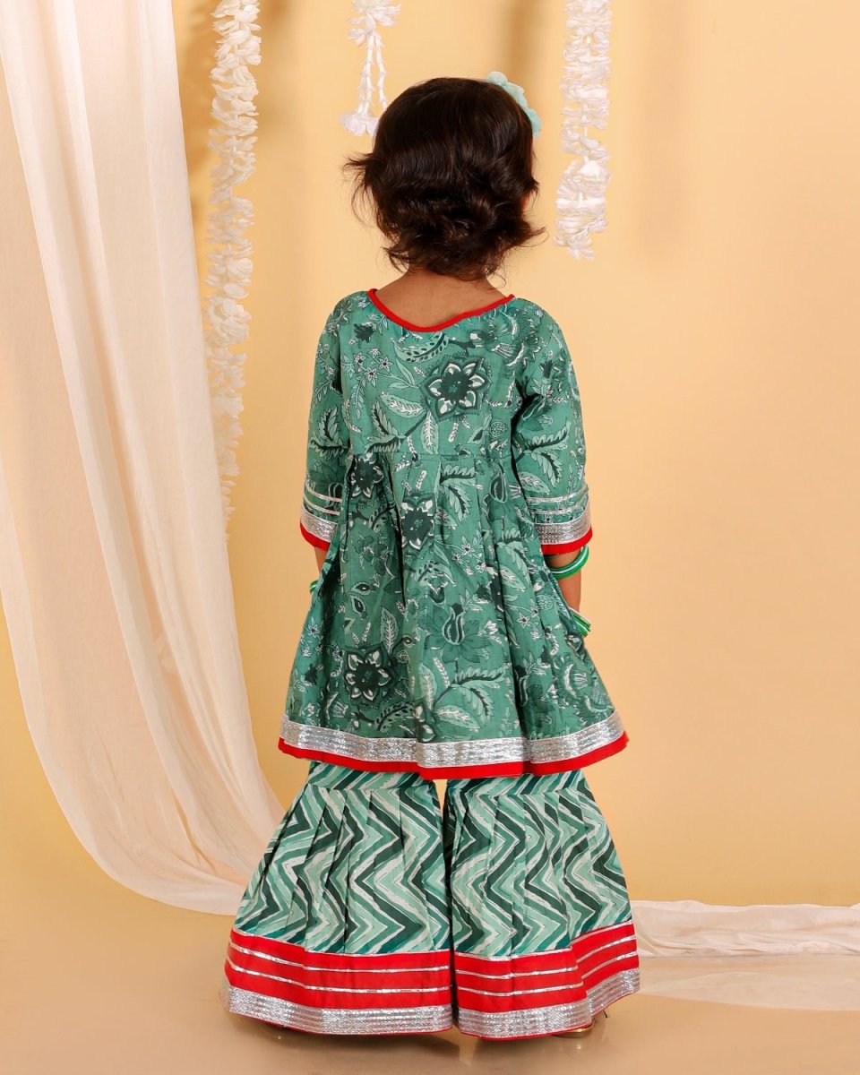 Viridian Green Girls Anarkali Sharara Set