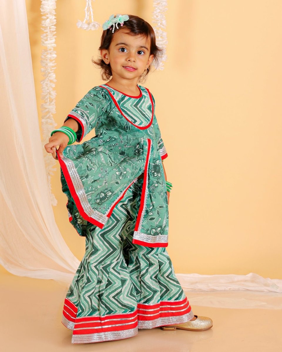 Viridian Green Girls Anarkali Sharara Set