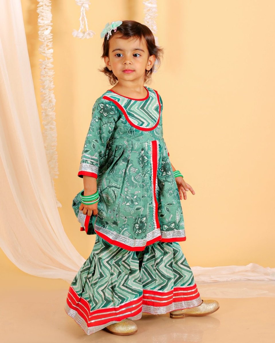 Viridian Green Girls Anarkali Sharara Set
