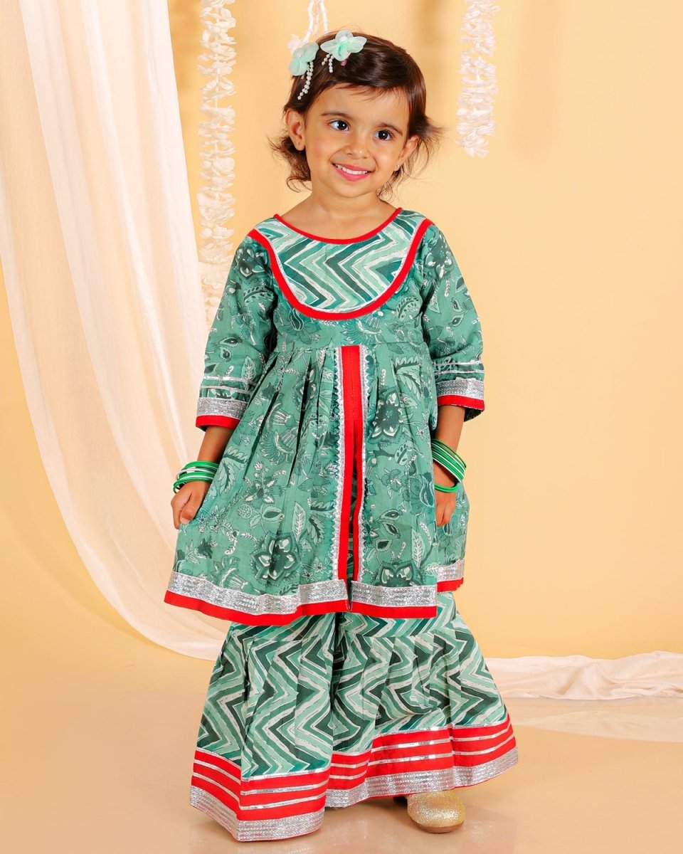 Viridian Green Girls Anarkali Sharara Set