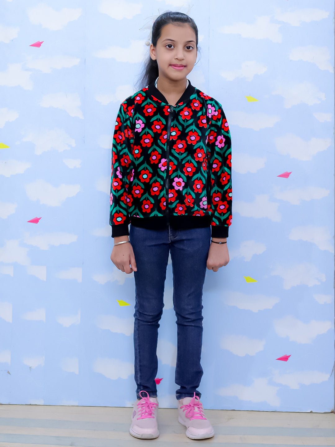  Vivid Floral Girls Velvet Bomber Jacket