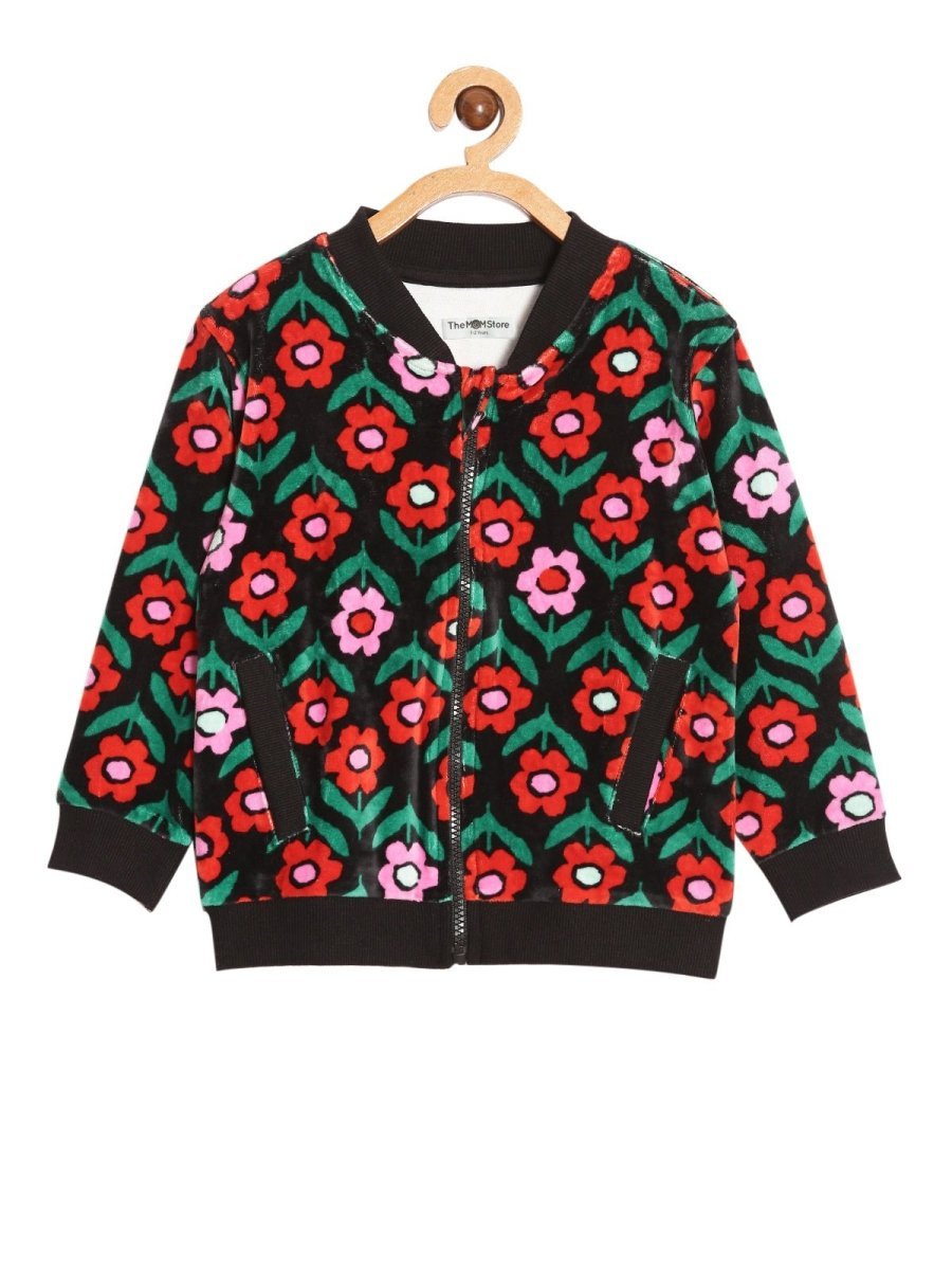  Vivid Floral Girls Velvet Bomber Jacket