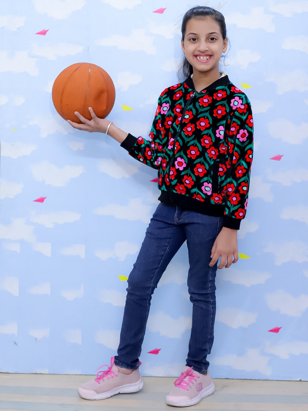  Vivid Floral Girls Velvet Bomber Jacket