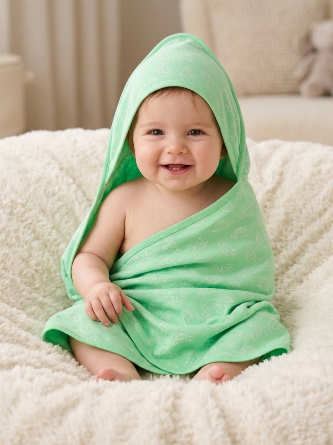 Green Vroom Vroom Hooded Towel Blanket For Kids