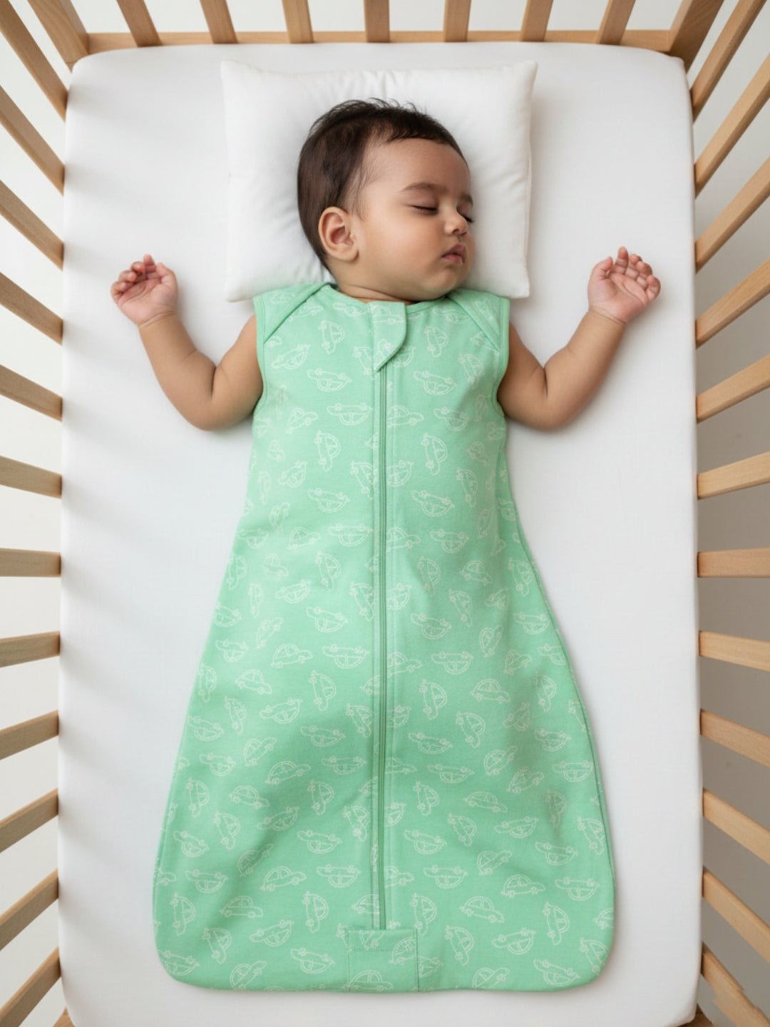 White Vroom Vroom Printed Cotton 2 Way Zipper Sleeping Bag For Kids