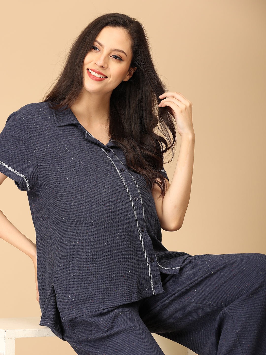  Waffle Walks Maternity and Nursing Pajama Set Navy Blue