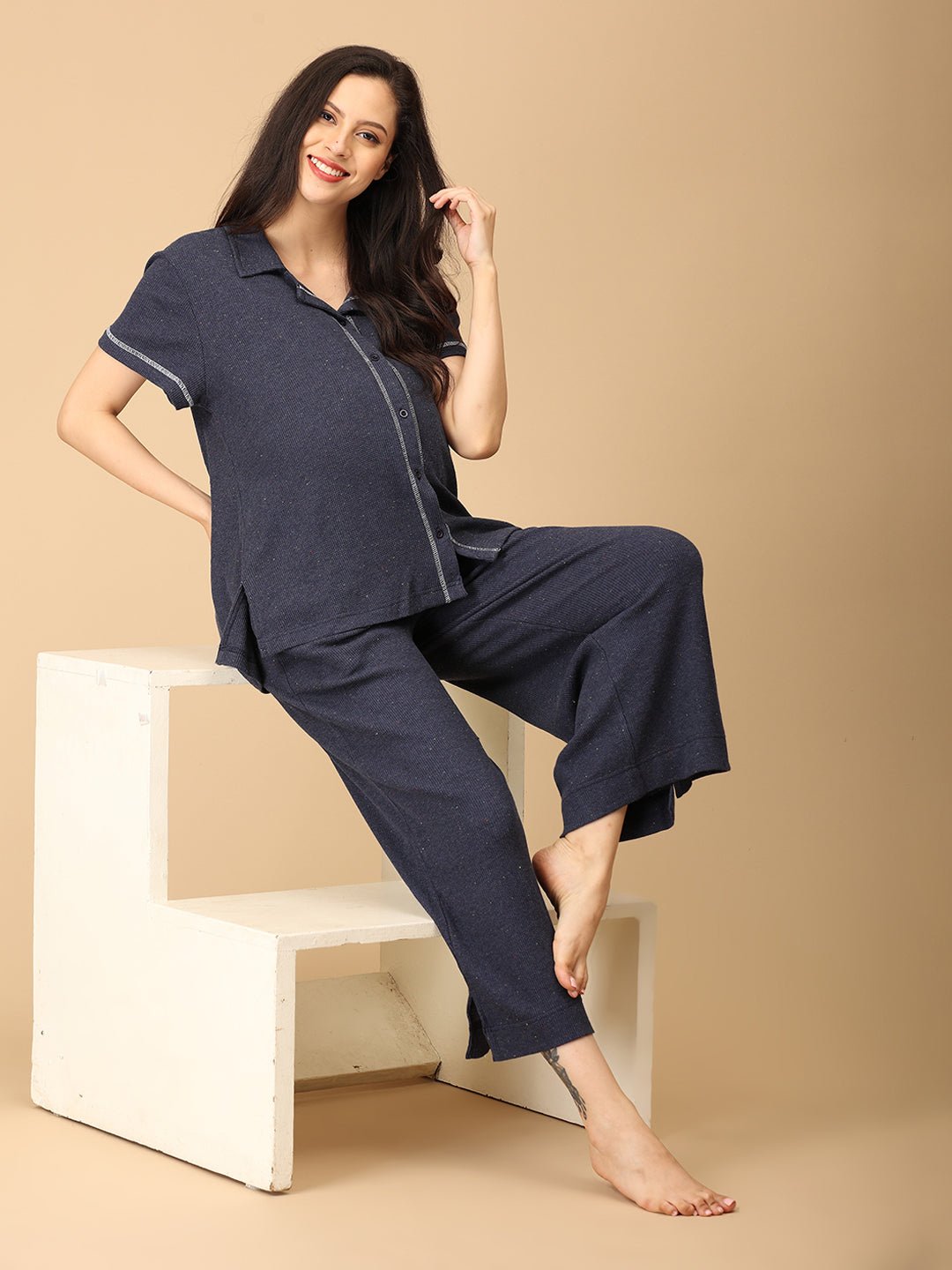  Waffle Walks Maternity and Nursing Pajama Set Navy Blue