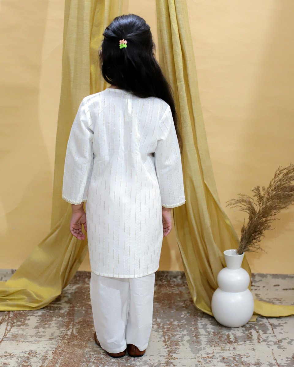 White Lotus Print Girls Alia Cut Kurta Pajama Set