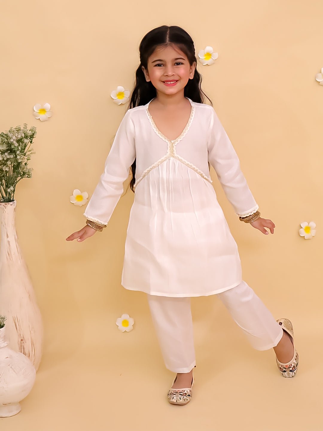 White Lotus Print Girls Alia Cut Kurta Pajama Set