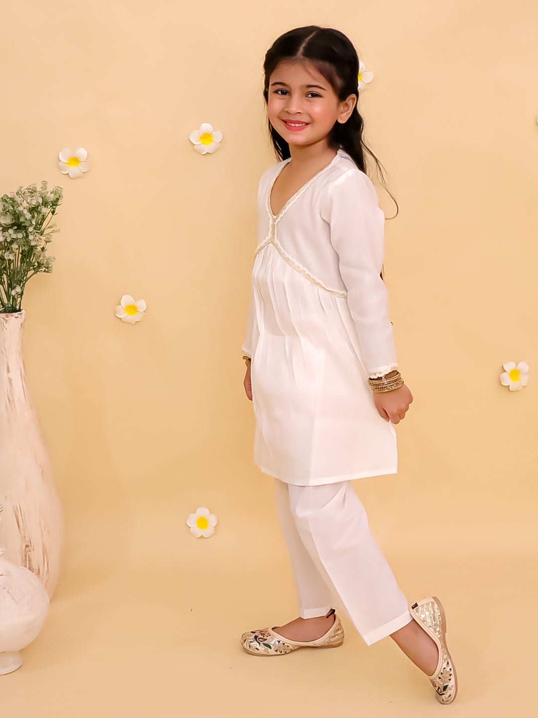 White Lotus Print Girls Alia Cut Kurta Pajama Set