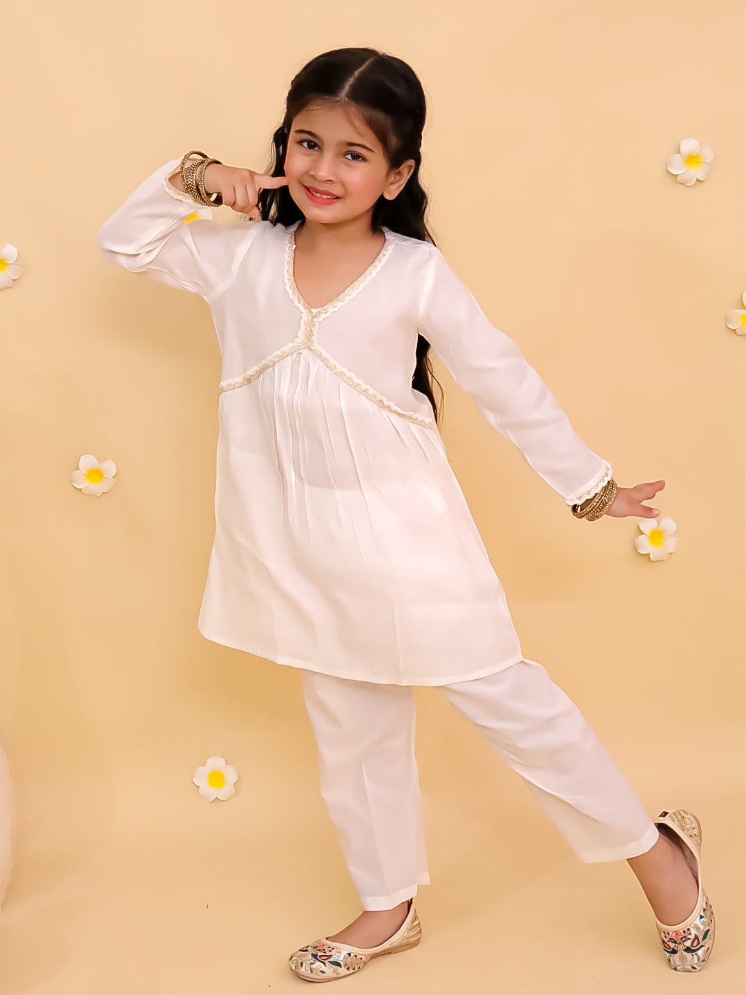 White Lotus Print Girls Alia Cut Kurta Pajama Set