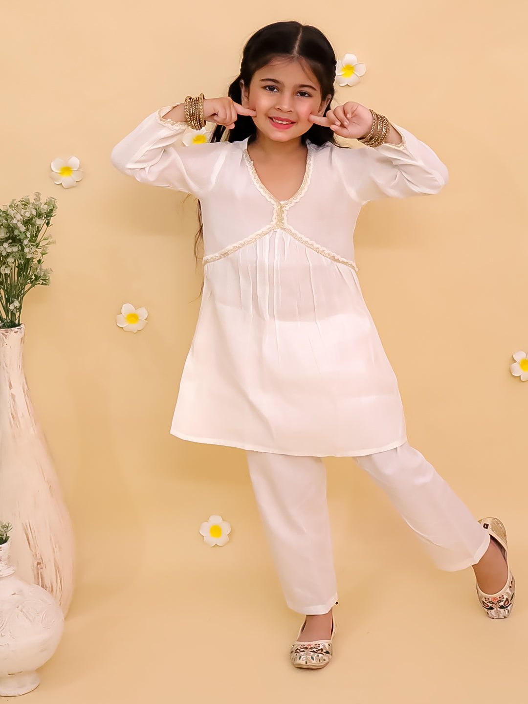 White Lotus Print Girls Alia Cut Kurta Pajama Set