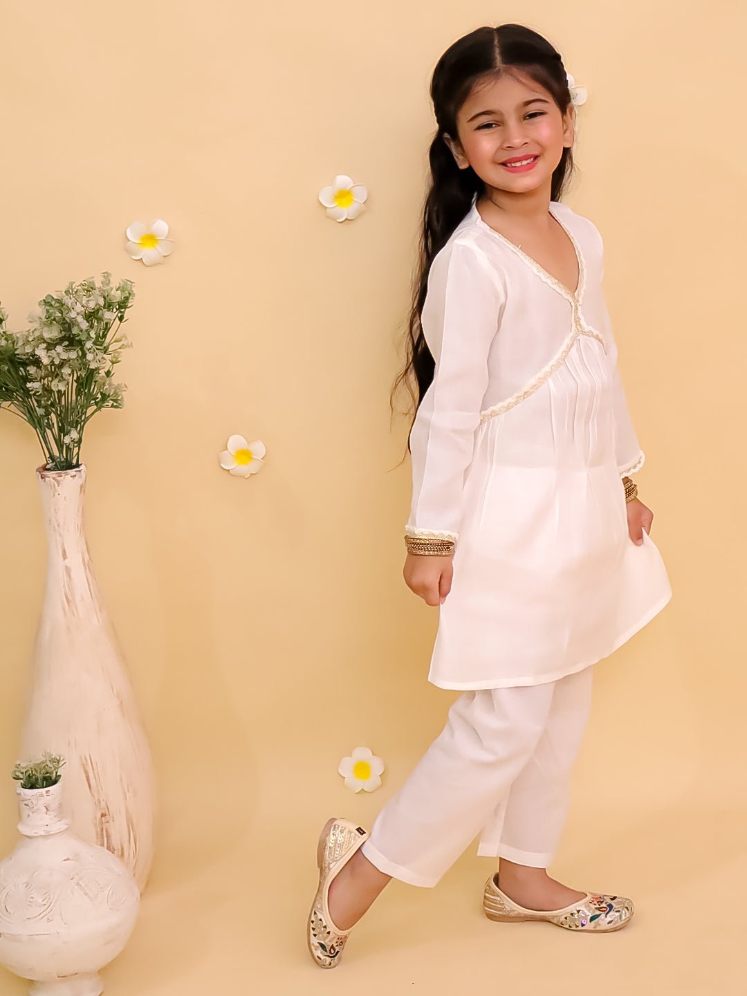 White Lotus Print Girls Alia Cut Kurta Pajama Set