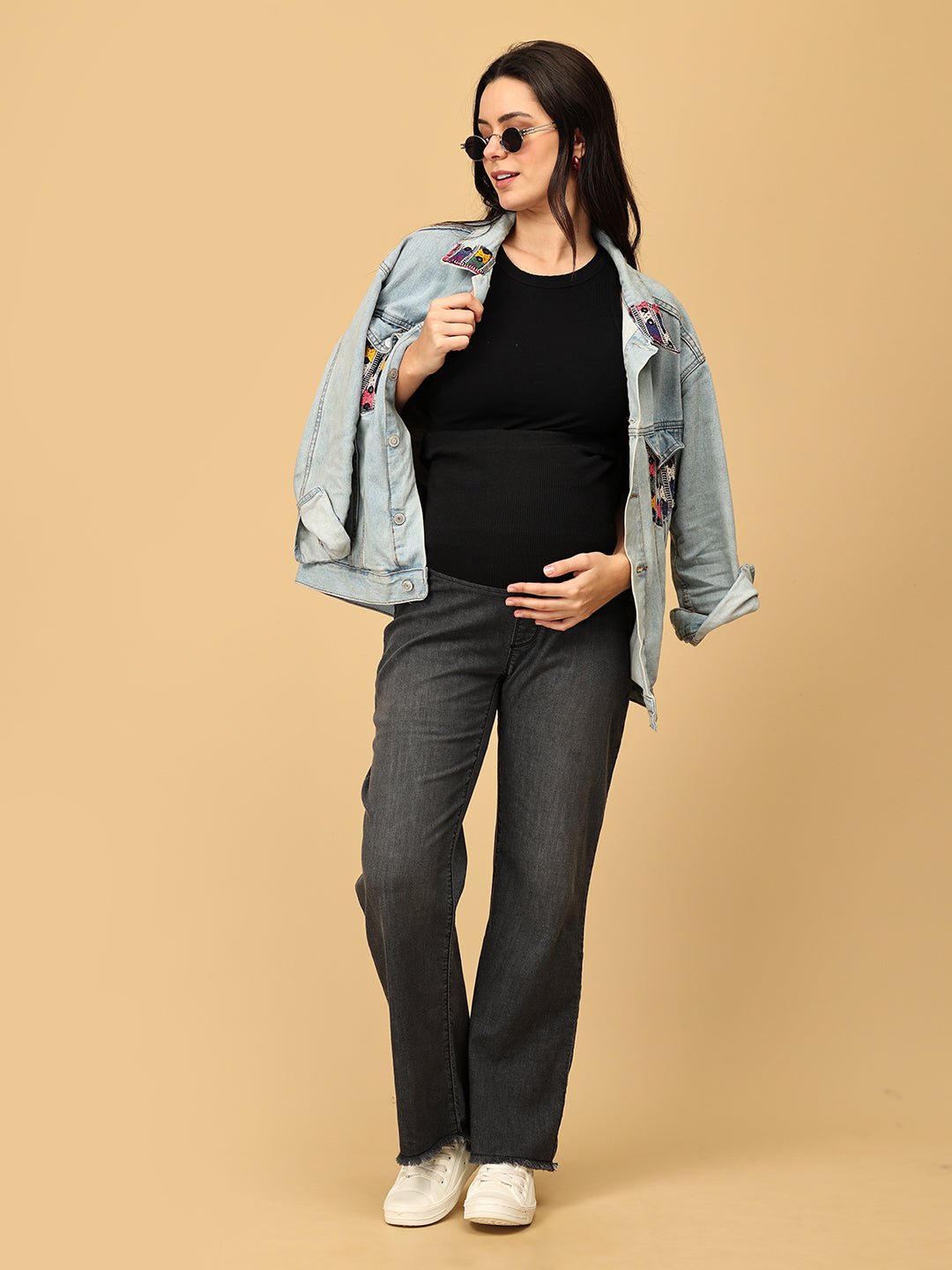  Wide Leg Maternity Denim with Belly Support Black