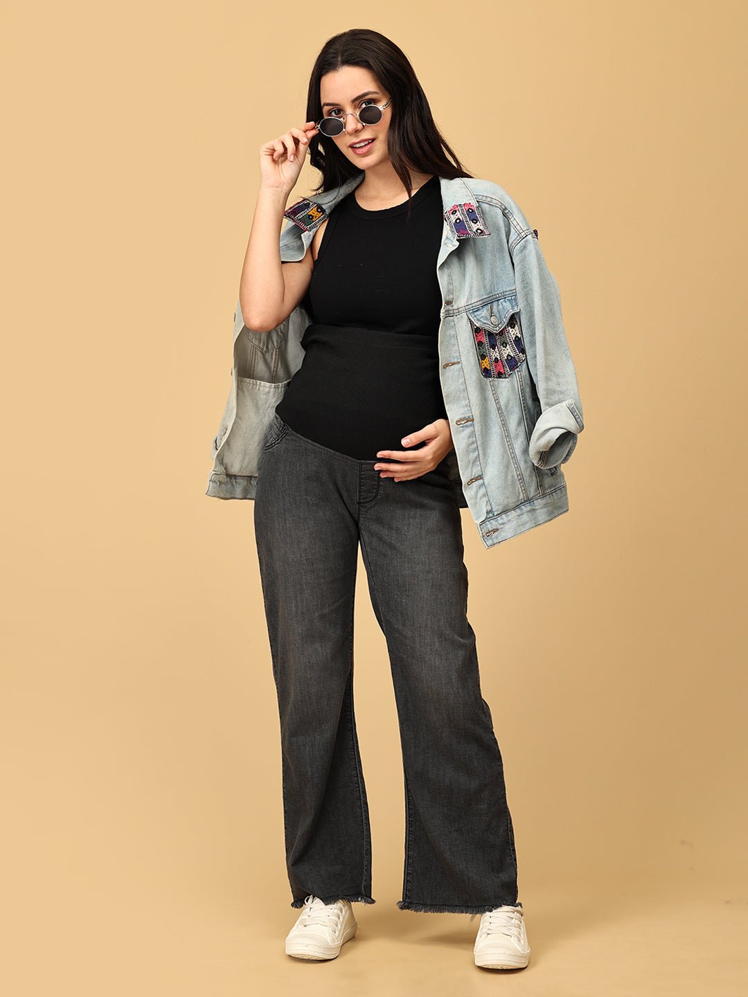  Wide Leg Maternity Denim with Belly Support Black