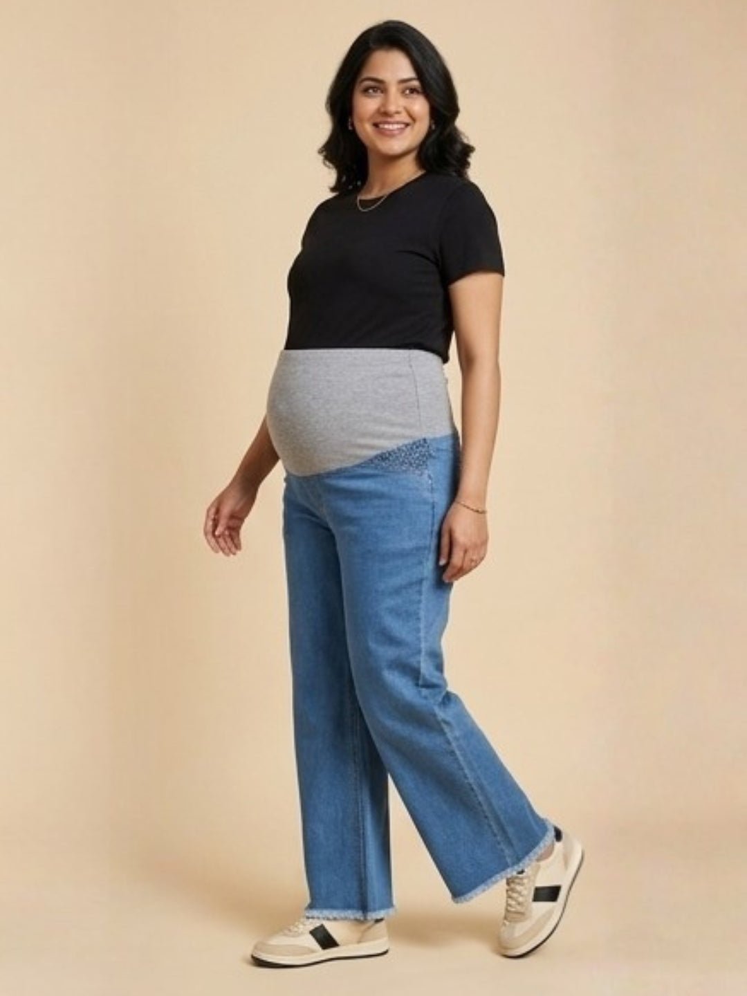  Wide Leg Maternity Denim with Belly Support Mid Blue